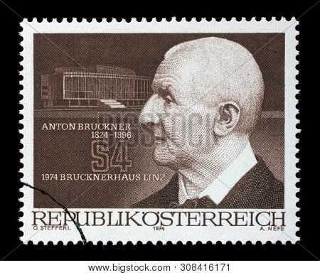 ZAGREB, CROATIA - SEPTEMBER 09, 2014: A stamp issued in the Austria shows Anton Bruckner (1824-96) composer and Bruckner House, Opening of the Anton Bruckner House in Linz, circa 1974.