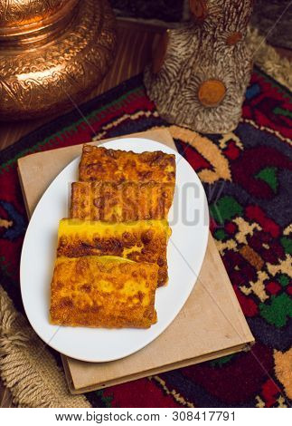 Blinchik, Crepes Filled, Stuffed With Meat Potatoes And Other Vegetables And Wrapped. Image