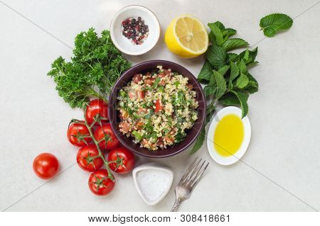 Lebanese Traditional Salad Taboule Soaked Bulgur And Ingredients