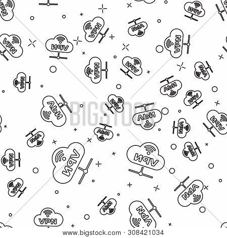 Black Vpn Network Cloud Connection Icon Isolated Seamless Pattern On White Background. Social Techno