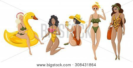 Set Of Summer Womans. Summer Time. Flat Illustrations With Relaxing Girls On White Background. Vecto