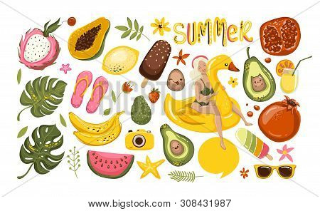 Summer Set With Hand Drawn Travel Elements. Ice Cream, Watermelon, Leaves, Pomegranate, Sandals, Avo