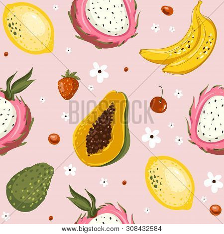Hand Drawn Vector Cartoon Summer Fruits. Seamless Pattern Background With Papaya, Banana, Mango, Lim
