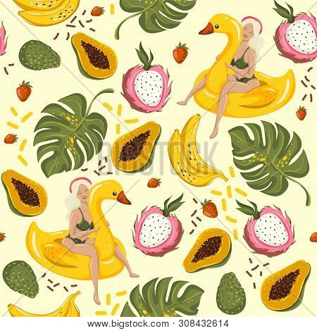 Summer Seamless Pattern Background With Exotic Fruits, Girls, Tropic Leaves, Avocado, Strawberry. Ve