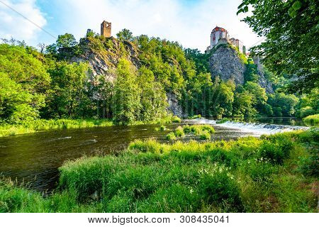 View Of Beautiful Castle Vranov Nad Dyji, Moravian Region In Czech Republic. Ancient Chateau Built I