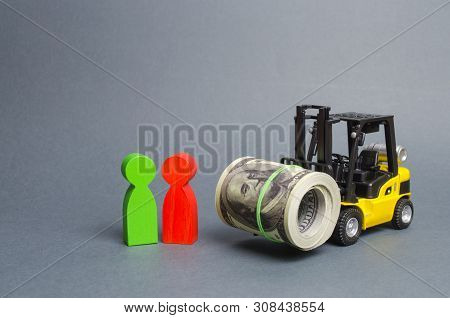 Yellow Forklift Truckcarries A Large Bundle Of Dollars, A Customer And Seller. Investments, Preferen