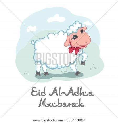 Eid Al-adha Mubarak Card Design With Cute Little Woolly White Sacrificial Lamb Wearing A Red Ribbon 