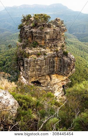 One Of The Three Sisters Rock Formation With View Into The Valley Aerial View Vertical, Katoomba, Ne