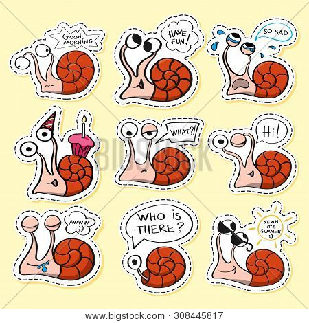 Snails Stickers Set. Funny Emoji. Nature Character. Cartoon. Icon, Element, Design, Card, Gift, Text