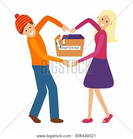 Vector Illustration Of Clothes Donation Concept. Woman And Man Make A Heart Shape With The Help Of H