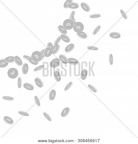 Bitcoin, Internet Currency Coins Falling. Scattered Black And White Btc Small Coins. Jackpot Or Succ