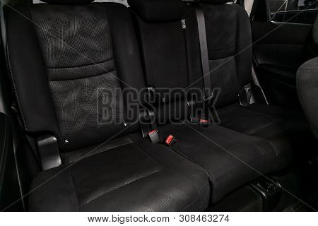 Novosibirsk, Russia - June 22, 2019:  Nissan X-trail,  Close-up Of The Black  Rear Seats With Seats 