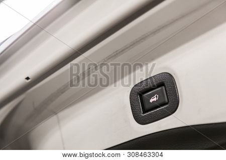 Novosibirsk, Russia - June 22, 2019:  Nissan X-trail, Close-up Of The Trunk Release Button. Modern C