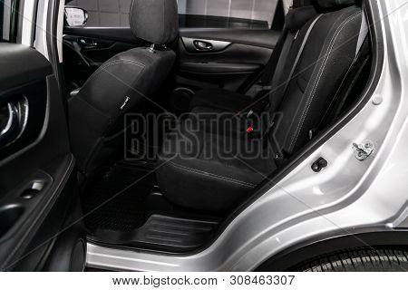 Novosibirsk, Russia - June 22, 2019:  Nissan X-trail,  Close-up Of The Black  Rear Seats With Seats 