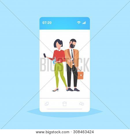 Businesspeople Couple Standing Together Man Woman Using Smartphnes Communication Concept Flat Full L