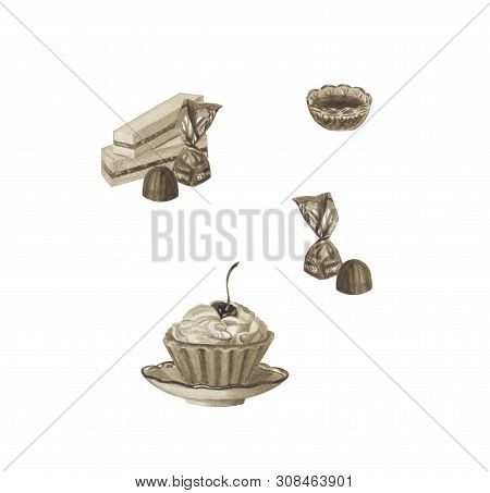 Set Of Sweets In Sepia Color Isolated On White. Candy, Cake. Watercolor Beautiful Illustration Drawn