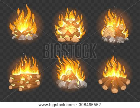 Wooden Campfire. Vector Bonfire Isolated On Transparent Background, Burning Camping Firewoods, Stack