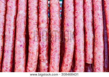 Pork Chinese Sausage Stacked In The Chinese Market