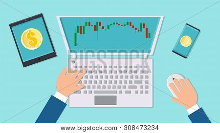 Vector Man Businessman Working On The Stock Market With Bitcoin Financial Charts On The Workplace De