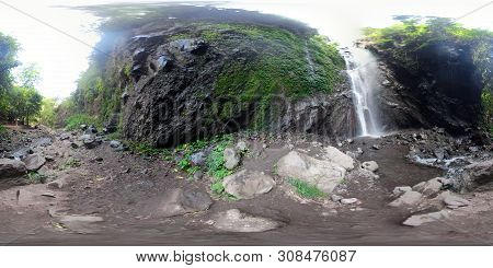 Vr 360 Waterfall In Green Rainforest. Tropical Waterfall In Mountain Jungle. Bali, Indonesia. Travel