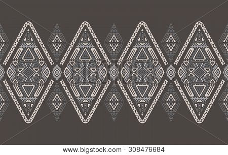 African Embroidery Ornament Seamless Stripe Pattern. Polynesian Decorative Border. Aztec Peru Mexica