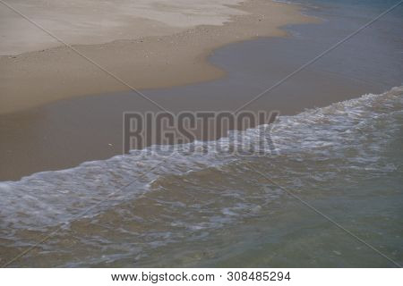 Beach Top View With Wave Foam. Stock Photo Image Of Blue Color Of Ocean Water, Sea Surface. Soft Blu