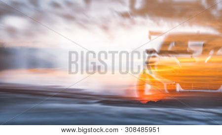 Double Exposure Sunset With Car Drifting, Blurred Of Image Diffusion Race Drift Car With Lots Of Smo