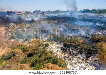 Heavy Smoke In Steppe. Forest And Steppe Fires Destroy Field, Steppes During Severe Droughts. Fire,