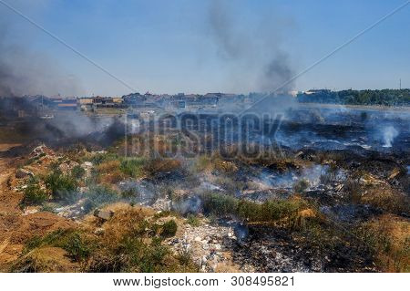 Heavy Smoke In Steppe. Forest And Steppe Fires Destroy Field, Steppes During Severe Droughts. Fire,