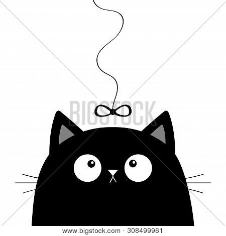 Black Cat Head Face Looking At Bow Hanging On Thread. Cute Cartoon Funny Character. Kawaii Animal. P