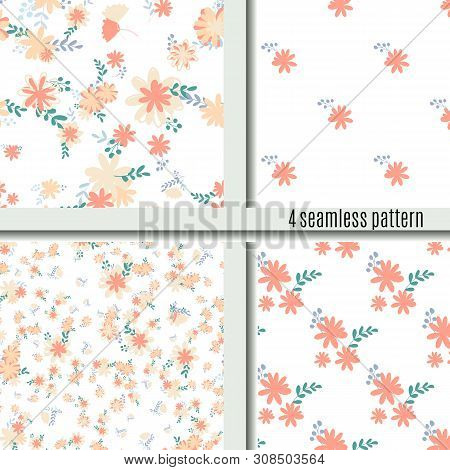 Set Seamless Pattern Bouquets Of Simple, Clear, Ordinary Flowers Bright And Cute