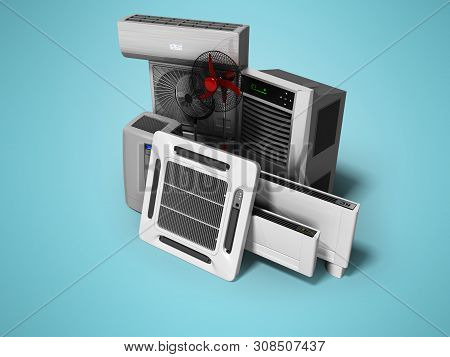 Concept Group Of Equipment For Cooling And Air Conditioning And Insulation 3d Render On Blue Backgro