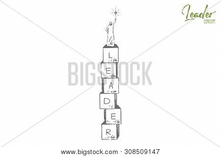Leader Concept Sketch. Muslim Man Holding Star On Top Of Tower. Building Blocks With Letters. Leader