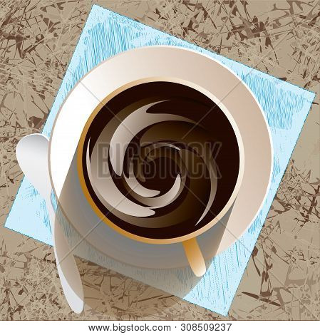 Cup And Sauser With Coffee,  Napkin And Spoon From Top View