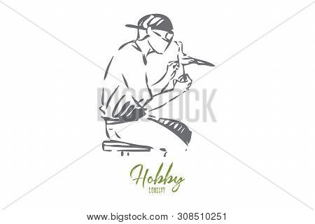 Wood Carving Concept Sketch. Creating Small Statues Out Of Wood. Creative Pastime, Leisure. Skillful