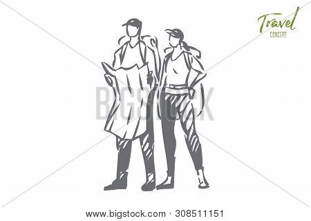 Tourism Concept Sketch. Couple Looking For Way On Map. Tourists Hiking In Wilderness. Going On Campi