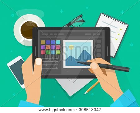 Photo Or Graphic Editor On Tablet Vector Illustration, Flat Cartoon Graphics Tablet Screen With Desi