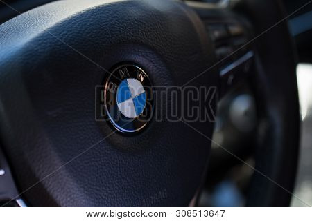 Kiev, Ukraine - June 26, 2019: Bmw Logo On The Steering Wheel Close-up.