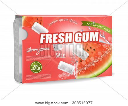 Chewing Gum Vector Realistic. Product Placement Detailed Label Design. Watermelon Flavor. 3d Illustr