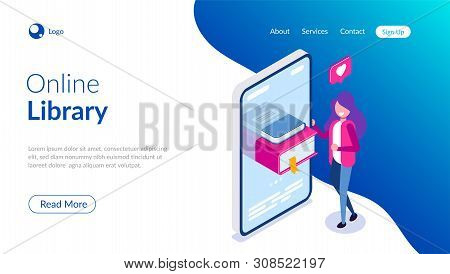 Online Library Concept. Books In Your Phone Or Tablet. Young Girl Love To Read. Can Use For Web Bann