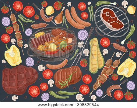 Roasted Meat With Vegetables, Grilled Steak, Shashlik, Chicken Legs, Cooked Ribs, Grilled Sausages, 