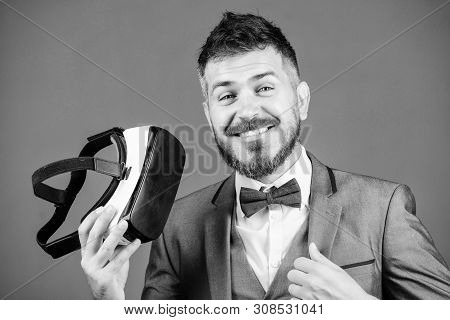 Business Man Virtual Reality. Modern Gadget. Innovation And Technological Advances. Businessman Expl