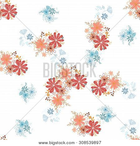 Seamless Pattern Clear Shaped Flowers Mixed Bouguet. Simple Flowers In Bouguets