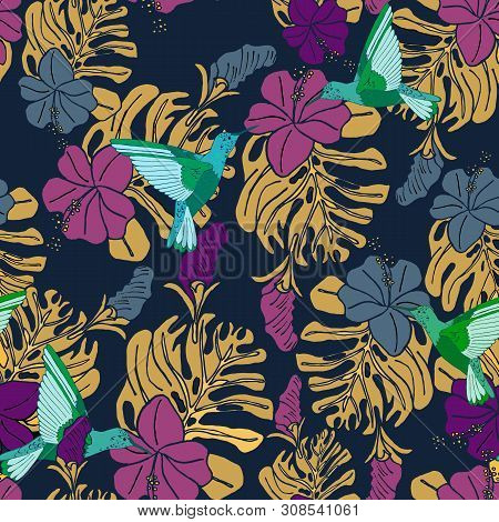 Tropical Pattern With Hummingbirds, Palm Leaves And Hibiscus Flowers