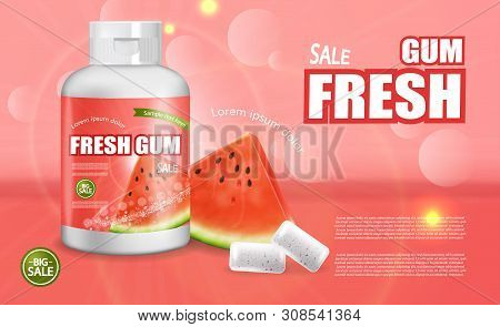 Watermelon Chewing Gum Vector Realistic. Advertise Template Mock Up. Product Placement Detailed Labe