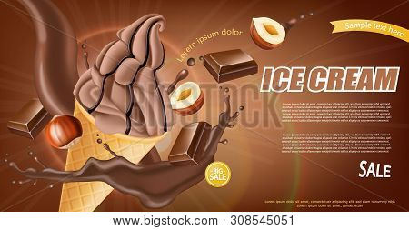 Chocolate Ice Cream Cone Vector Realistic. Dark Chocolate Splash And Nuts Flavor. Swirled Smooth Cre