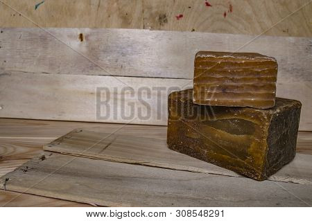 Household Soap Washing On Wooden Boards Close-up