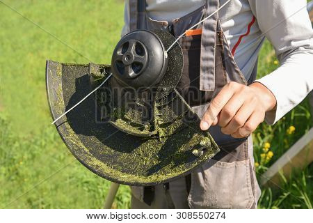 Trimmer Close Up Mow The Grass With A Lawnmower. Gardening With A Brush Cutter Close-up. Lawn Care W