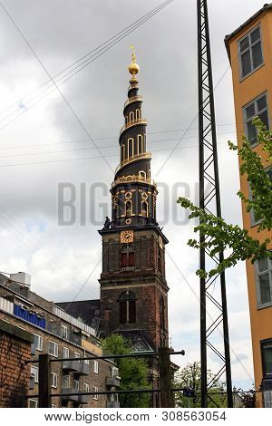 Copenhagen, Denmark - May 07 2007 : View Of Vor Frelsers Kirke Spire (our Saviour Church)