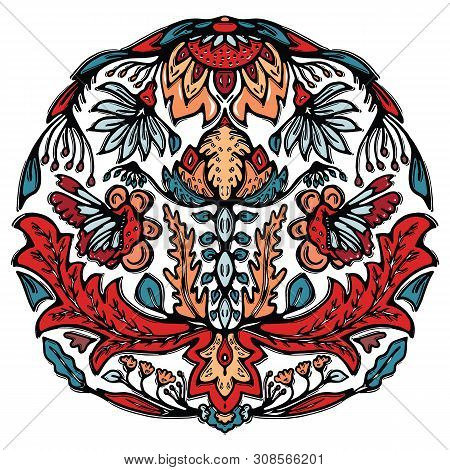 Floral Leaf Mandala Eastern European Style. Hand Drawn Lino Cut Block Print. Ornate Arabesque Flower